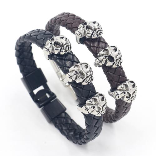 PU Armbånd, med Zinc Alloy, Skull, punk stil & Unisex & flettet, flere farver til valg, 210x11mm, Solgt af PC