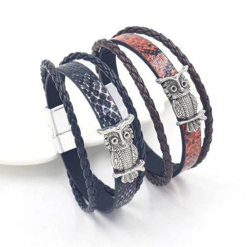 PU Leather Bracelet with Zinc Alloy Owl plated punk style & Unisex Sold By PC