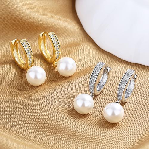 Boucles d'oreilles en laiton zircon cubique pavent, avec Shell Pearl, bijoux de mode & pavé de micro zircon & pour femme, plus de couleurs à choisir, 28mm, Vendu par paire