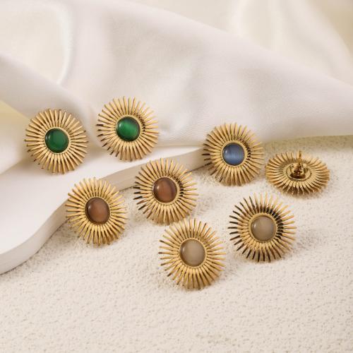 Boucle d'oreille de gaujon en acier inoxydable, Acier inoxydable 304, avec Pierre naturelle, Plaqué or 18K, bijoux de mode & pour femme, plus de couleurs à choisir, 24x24mm, Vendu par paire