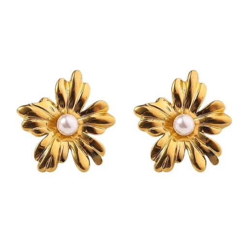 Pendientes de Acero Inoxidable, acero inoxidable 304, con Shell Pearl, Flor, 18K chapado en oro, Joyería & para mujer, dorado, 23x25mm, Vendido por Par