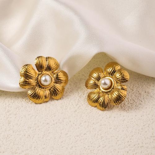 Roestvrij staal Stud Earrings, 304 roestvrij staal, met Shell Pearl, Bloem, 18K verguld, mode sieraden & voor vrouw, gouden, 20x22mm, Verkocht door pair