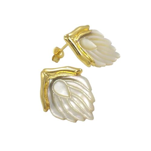 Boucles d'oreilles coquillage, coquille blanche, avec laiton, Placage de couleur d'or, bijoux de mode & pour femme, 16x21mm, Vendu par paire