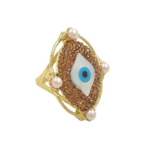 Evil Eye Jewelry Ring Finger, cobre, with concha & Pérolas de água doce, cromado de cor dourada, Ajustável & joias de moda & para mulher & com strass, Mais cores pare escolha, níquel, chumbo e cádmio livre, tamanho:7, vendido por PC