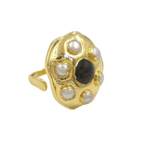 Brass Finger Ring with Obsidian & Labradorite gold color plated Adjustable & fashion jewelry & Unisex nickel lead & cadmium free US Ring Sold By PC