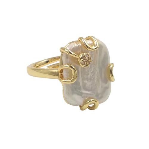 Anillo de dedo de latón, metal, con cúbica circonia & Perlas cultivadas de agua dulce, chapado en color dorado, Ajustable & Joyería & para mujer, más colores para la opción, libre de níquel, plomo & cadmio, tamaño:7, Vendido por UD