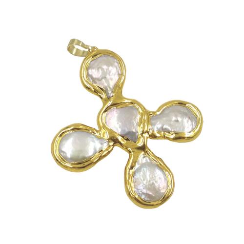 Freshwater Pearl Pendants Brass with Freshwater Pearl Cross gold color plated DIY nickel lead & cadmium free Sold By PC