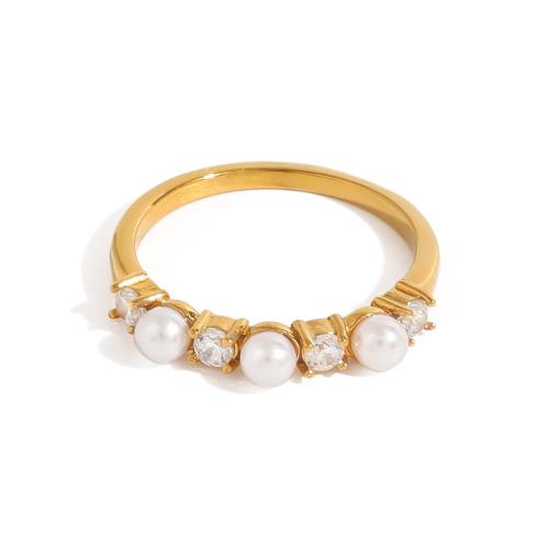 Stainless Steel Finger Ring 304 Stainless Steel with Plastic Pearl 18K gold plated fashion jewelry & for woman Sold By PC