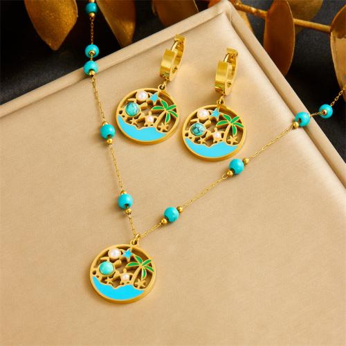 Fashion Stainless Steel Jewelry Sets 304 Stainless Steel with turquoise & Plastic Pearl epoxy gel fashion jewelry & for woman golden Sold By PC