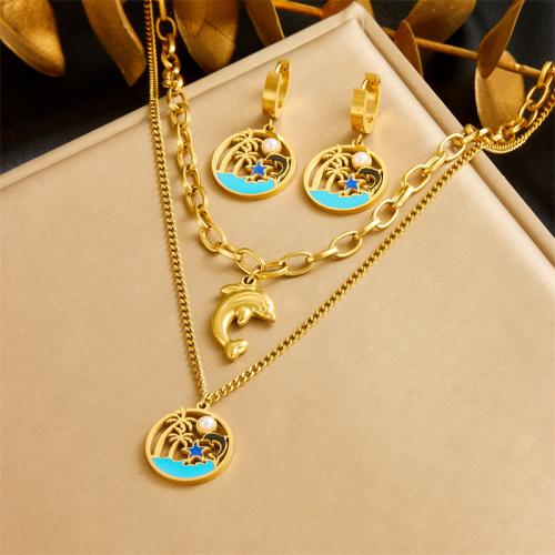 Enamel Stainless Steel Jewelry Set 304 Stainless Steel with Plastic Pearl & for woman golden Sold By PC