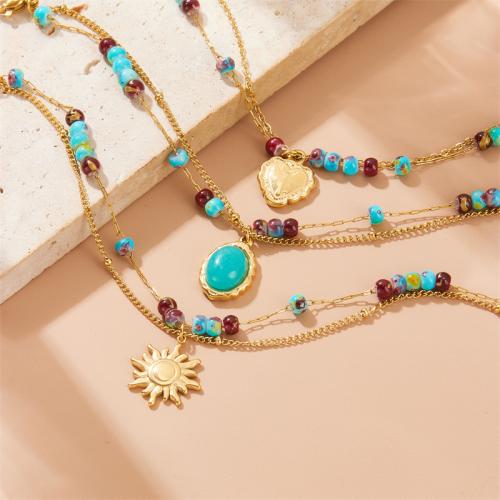 Stainless Steel Jewelry Bracelet 304 Stainless Steel with turquoise with 4cm extender chain Double Layer & for woman golden Length Approx 16 cm Sold By PC