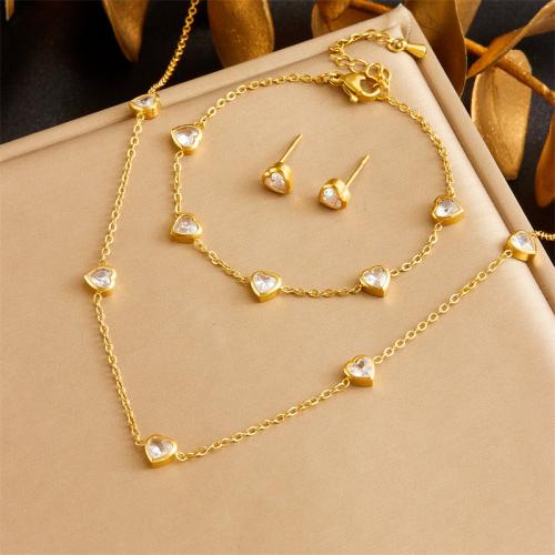 Rhinestone Stainless Steel Jewelry Set 304 Stainless Steel Heart gold color plated & for woman & with rhinestone golden Sold By PC