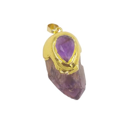 Quartz Gemstone Pendants Amethyst with Brass irregular gold color plated DIY purple Sold By PC