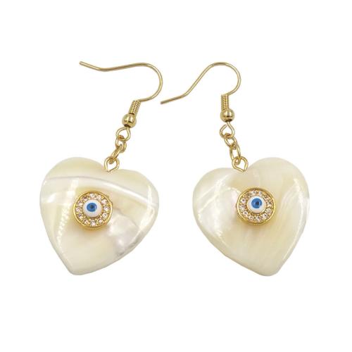 Shell Earrings with Brass Heart gold color plated fashion jewelry & micro pave cubic zirconia & for woman Sold By Pair