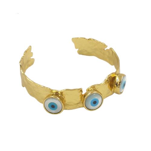 Bracelet Evil Eye bijoux, laiton, avec coquille, Placage de couleur d'or, Réglable & bijoux de mode & pour femme, protéger l'environnement, sans nickel, plomb et cadmium, Diamètre intérieur:Environ 57mm, Vendu par PC