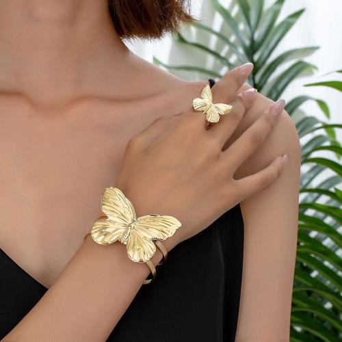 Zinc Alloy Jewelry Sets cuff bangle & finger ring Butterfly plated for woman gold Sold By Set