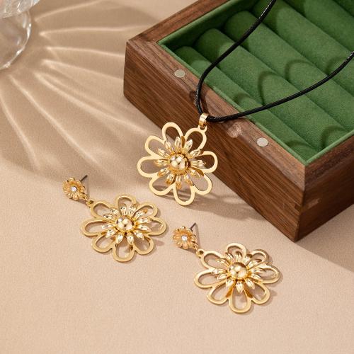 Zinc Alloy Jewelry Sets Stud Earring & necklace with Wax Cord petals plated micro pave cubic zirconia & for woman gold Sold By Set