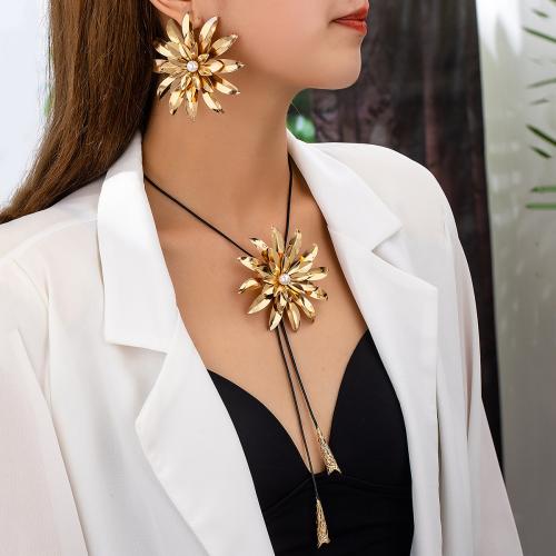 Zinc Alloy Jewelry Sets Stud Earring & necklace with Wax Cord & Plastic Pearl petals plated for woman gold Sold By Set