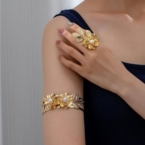 Zinc Alloy Jewelry Sets Arm Bangle & finger ring with Plastic Pearl petals plated for woman gold Sold By Set