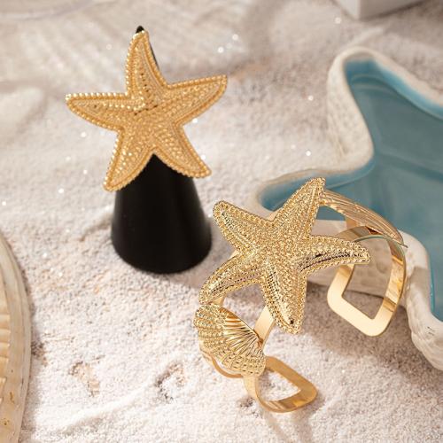 Zinc Alloy Jewelry Sets cuff bangle & finger ring Starfish plated for woman gold Sold By Set