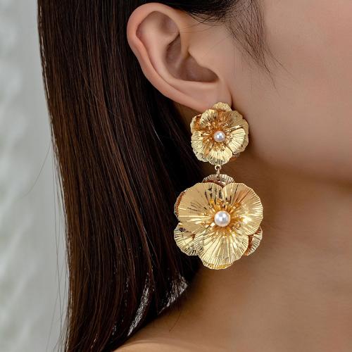 Lo zinco in lega Stud Earring, lega in zinco, with perla in plastica, Petali, placcato, per la donna, oro, Venduto da coppia