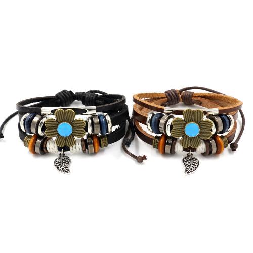 Cowhide Bracelet with Zinc Alloy Flower vintage & multilayer & for woman Sold By PC