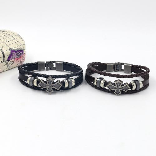 Cowhide Bracelet with Zinc Alloy Cross multilayer & punk style & Unisex Length Approx 21 cm Sold By PC