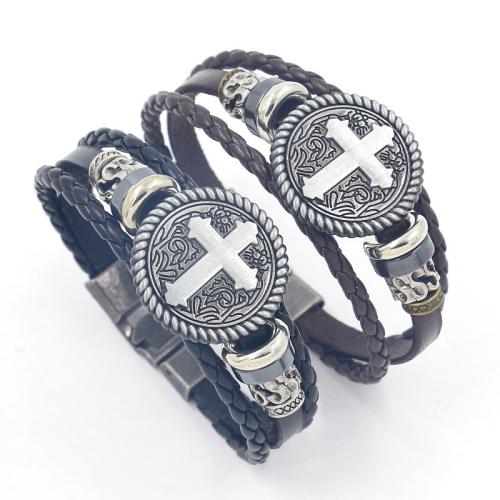 PU Leather Bracelet with Cowhide & Zinc Alloy Cross multilayer & punk style & Unisex Length Approx 21 cm Sold By PC