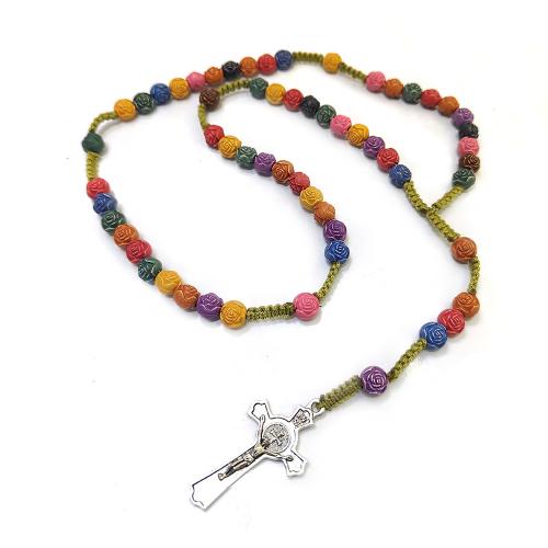 collana del rosario, plastica, with Cordone di nodi & lega in zinco, Croce, fatto a mano, gioielli di moda & unisex, multi-colore, Cross: 2.6*5cm, Lunghezza Appross. 53.5 cm, Venduto da PC