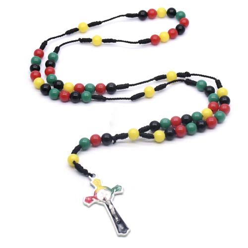 Rosary Necklace Plastic with Knot Cord & Zinc Alloy Cross handmade fashion jewelry & Unisex multi-colored Length Approx 49 cm Sold By PC