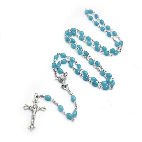 collana del rosario, vetro, with lega in zinco, Croce, placcato color argento, gioielli di moda & unisex, cross:2.5*4.5cm, Lunghezza Appross. 55 cm, Venduto da PC