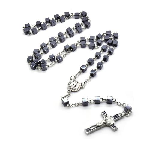 Rosary Necklace Non Magnetic Hematite with Zinc Alloy Cross silver color plated fashion jewelry & Unisex Length Approx 56 cm Sold By PC