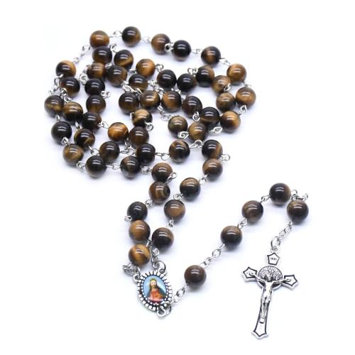 Rosary kaulakoru, Tiger Eye, kanssa Sinkkiseos, Ylittää, hopea päällystetty, muoti korut & Unisex, enemmän värejä valinta, beads:8mm, Pituus N. 58.5 cm, Myymät PC