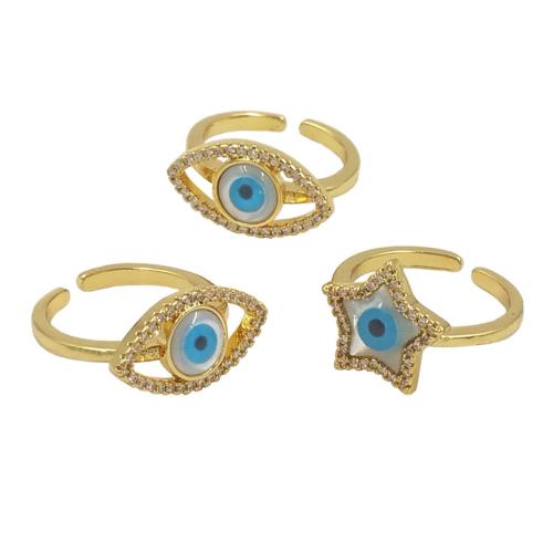 Evil Eye ékszer Finger Ring, Sárgaréz, -val Héj, arany színű aranyozott, Állítható & divat ékszerek & egynemű & mikro egyengetni cirkónia, több színt a választás, nikkel, ólom és kadmium mentes, Méret:7, Által értékesített PC