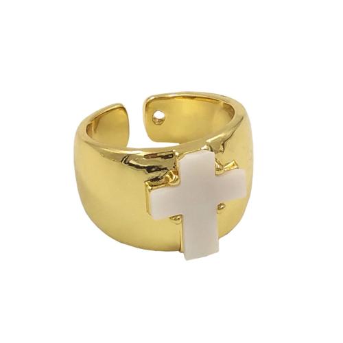 Anillo de dedo de latón, metal, con Nácar, Cruces, chapado en color dorado, Ajustable & Joyería & unisexo, libre de níquel, plomo & cadmio, 12x14mm, tamaño:7, Vendido por UD