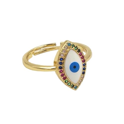 Bijoux Finger Evil Eye Anneau, laiton, avec coquille, Mauvais œil, Placage de couleur d'or, Réglable & bijoux de mode & unisexe & pavé de micro zircon, protéger l'environnement, sans nickel, plomb et cadmium, 9x15mm, Taille:7, Vendu par PC