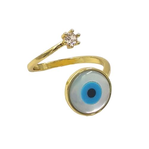 Mal de ojo del anillo de dedo de la joyería, metal, con cúbica circonia & Nácar, chapado en color dorado, Ajustable & para mujer, libre de níquel, plomo & cadmio, 12x12mm, tamaño:7, Vendido por UD