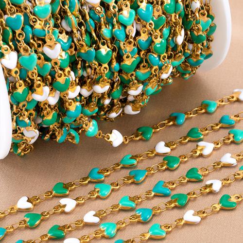 Stainless Steel Jewelry Chain 304 Stainless Steel Heart gold color plated DIY & enamel green Sold By Bag