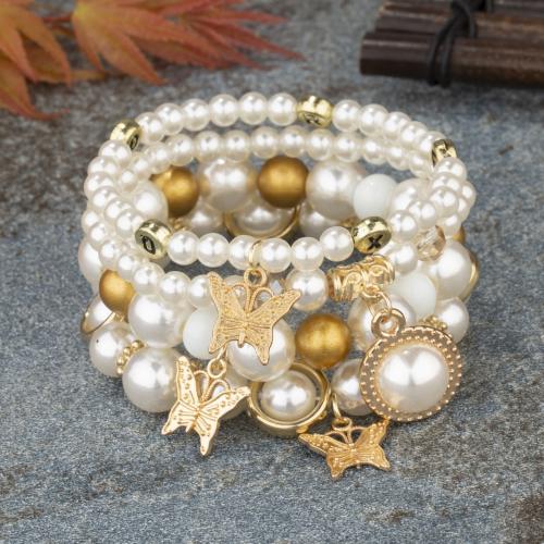 Zinc Alloy Bracelet with Elastic Thread & Plastic Pearl & Acrylic plated 4 pieces & fashion jewelry & for woman Sold By Set