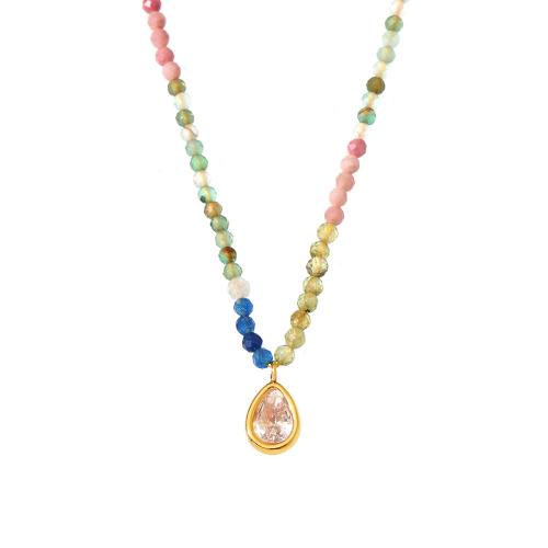 Stainless Steel Jewelry Necklace 304 Stainless Steel with Natural Stone & Opal with 2.7 Inch extender chain plated fashion jewelry & for woman golden Length Approx 15.7 Inch Sold By PC