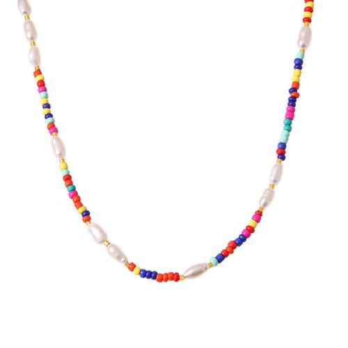 Stainless Steel smycken halsband, 304 rostfritt stål, med Glassten & Freshwater Pearl, med 1.9 Inch extender kedja, plated, mode smycken & för kvinna, flerfärgad, Längd 16.93 inch, Säljs av PC