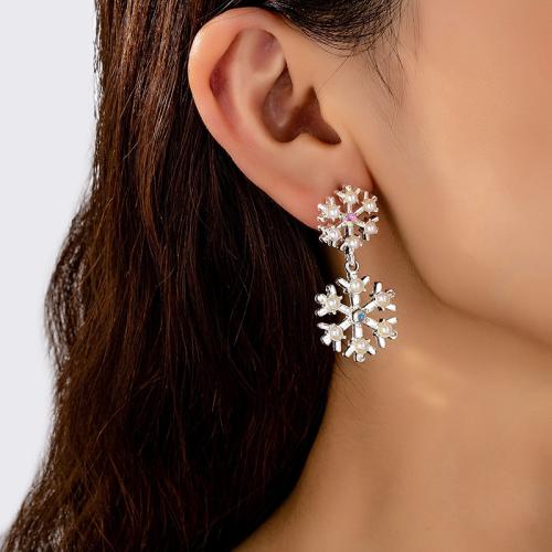 Zinc Alloy Stud Earring with Plastic Pearl Snowflake plated micro pave cubic zirconia & for woman silver color Sold By Pair