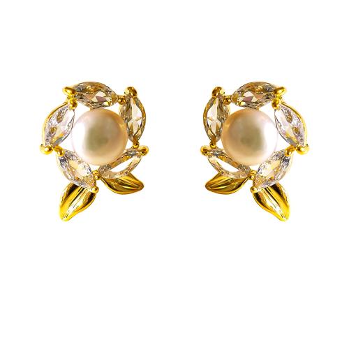 Cubic Zirconia Micro Pave Brass Earring with Freshwater Pearl plated micro pave cubic zirconia & for woman gold Sold By Pair