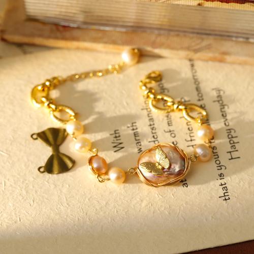 Brass Bracelet & Bangle with Freshwater Pearl with 3 extender chain plated for woman gold Length Approx 17 cm Sold By PC