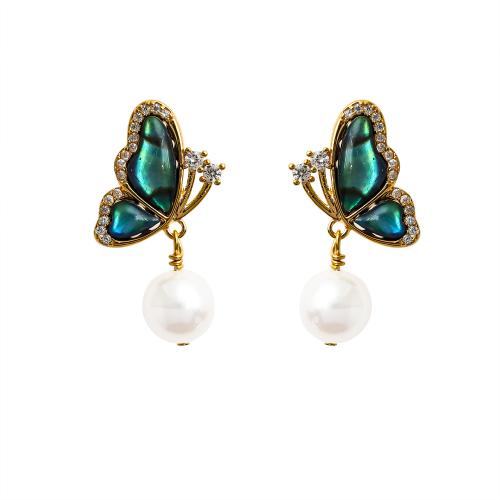 Cubic Zirconia Micro Pave Brass Earring with Abalone Shell & Freshwater Pearl Butterfly plated micro pave cubic zirconia & for woman gold Sold By Pair