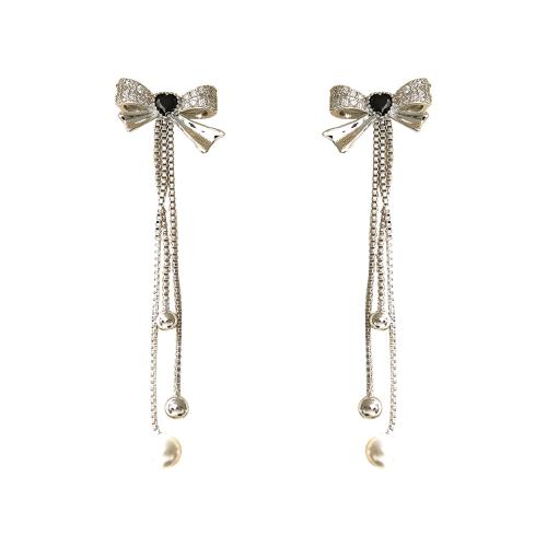 Cubic Zirconia Micro Pave Brass Earring with Plastic Pearl Bowknot plated micro pave cubic zirconia & for woman platinum color Sold By Pair