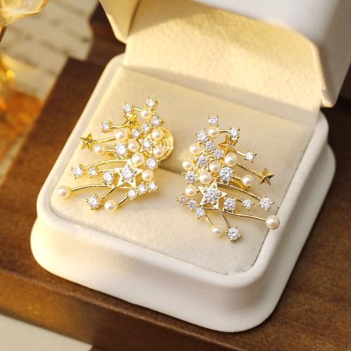 Cubic Zirconia Micro Pave Brass Earring with Plastic Pearl plated micro pave cubic zirconia & for woman gold Sold By Pair