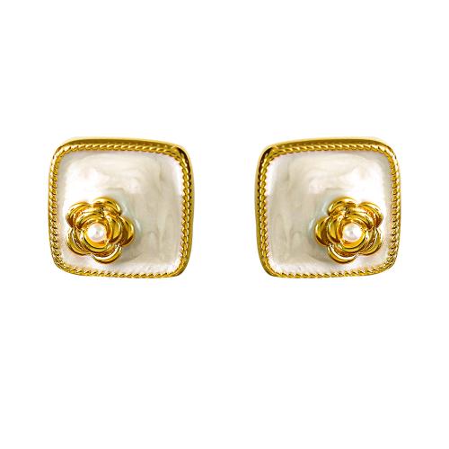 Brass Stud Earring with Plastic Pearl petals plated for woman & enamel 15mm Sold By Pair