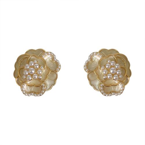 Brass Stud Earring with Plastic Pearl petals plated for woman & enamel white 18mm Sold By Pair