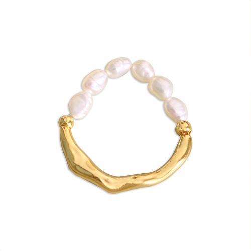 Mässing Finger Ring, med Freshwater Pearl, plated, för kvinna, guld, Inner diameter 18MM, Säljs av PC